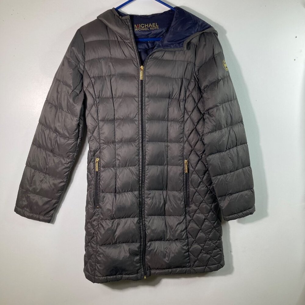 Womens Michael Michael‎ Kors Packable Down Hooded Coat Black Gray Blue S